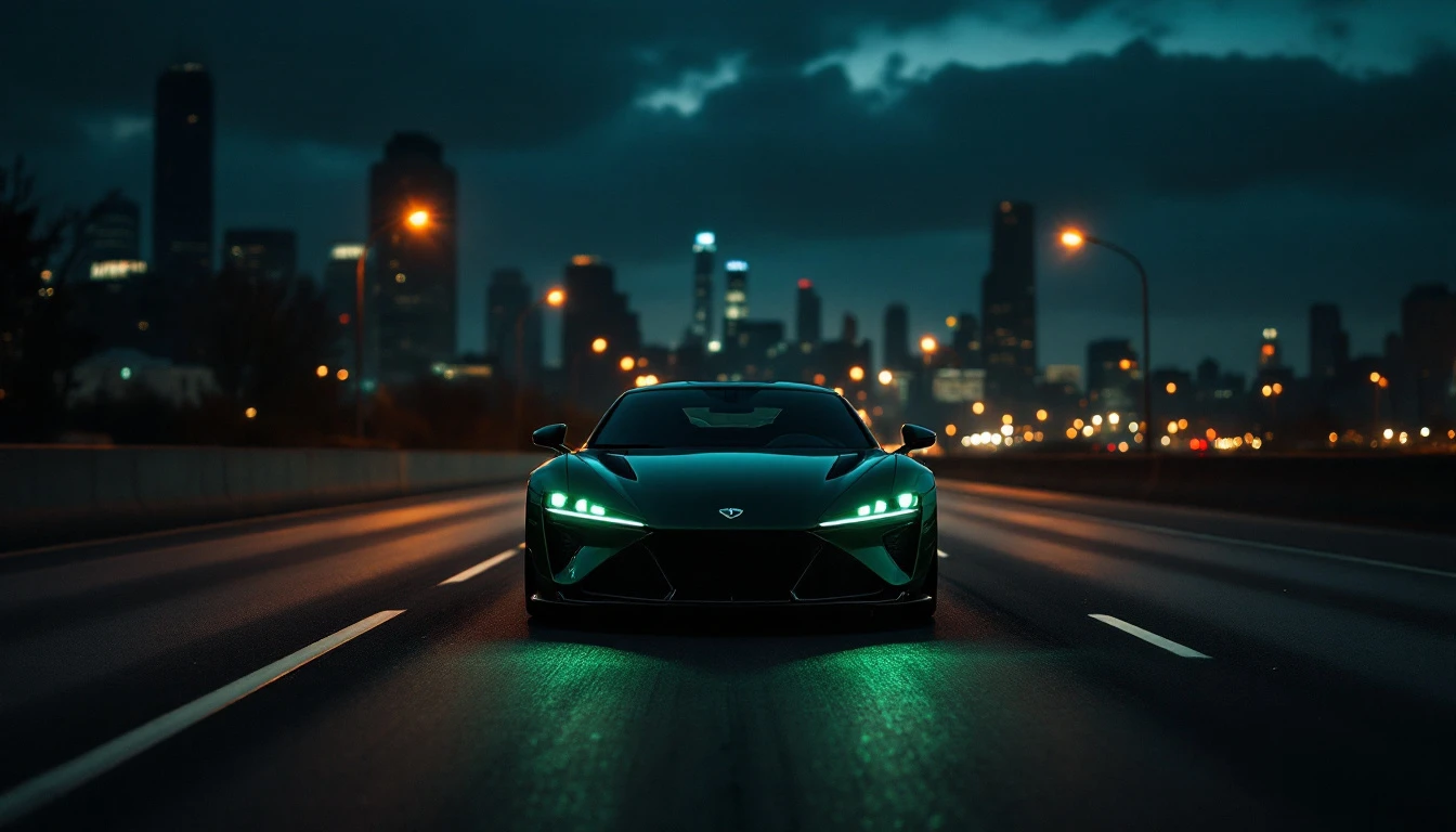 Elevated sports car with illuminated headlights driving on highway at night with city skyline background