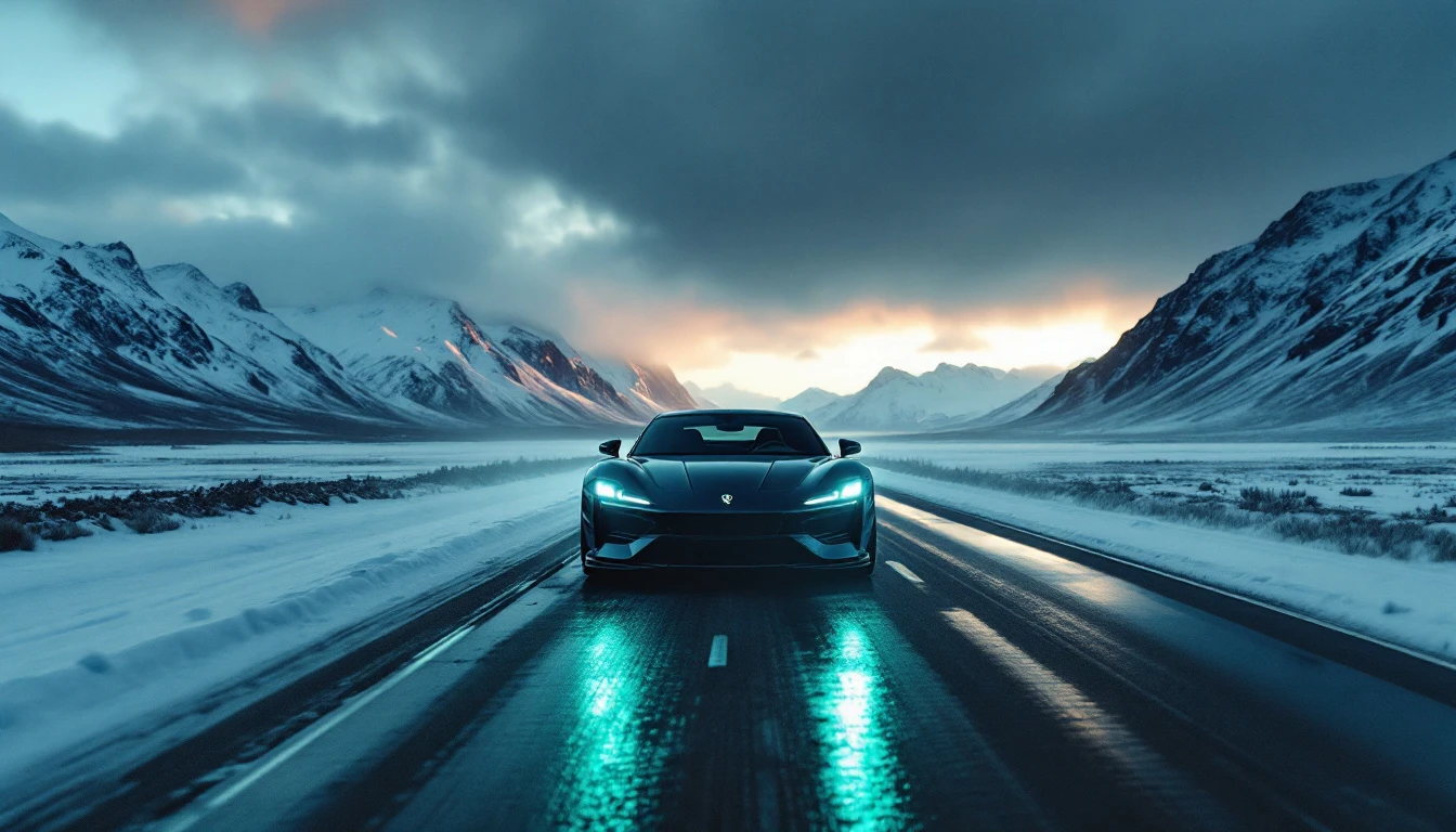 Black sports car driving on icy Alaskan highway through snowy mountain valley landscape