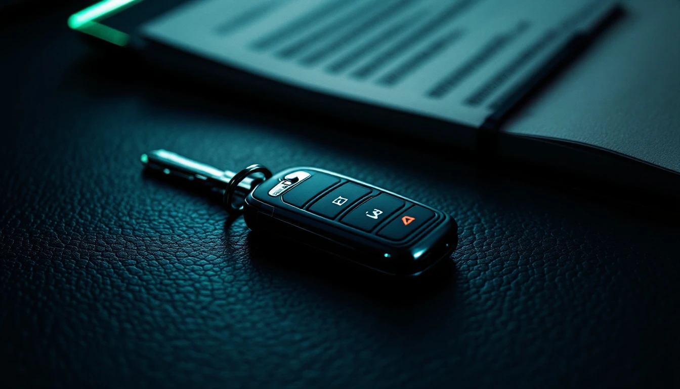 Modern car key fob on dark leather dashboard near registration documents and paperwork
