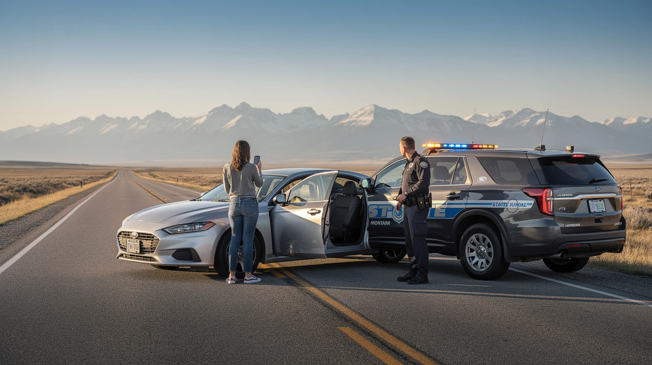 Montana state patrol officer conducting traffic stop on driver with vehicle, demonstrating insurance verification procedures