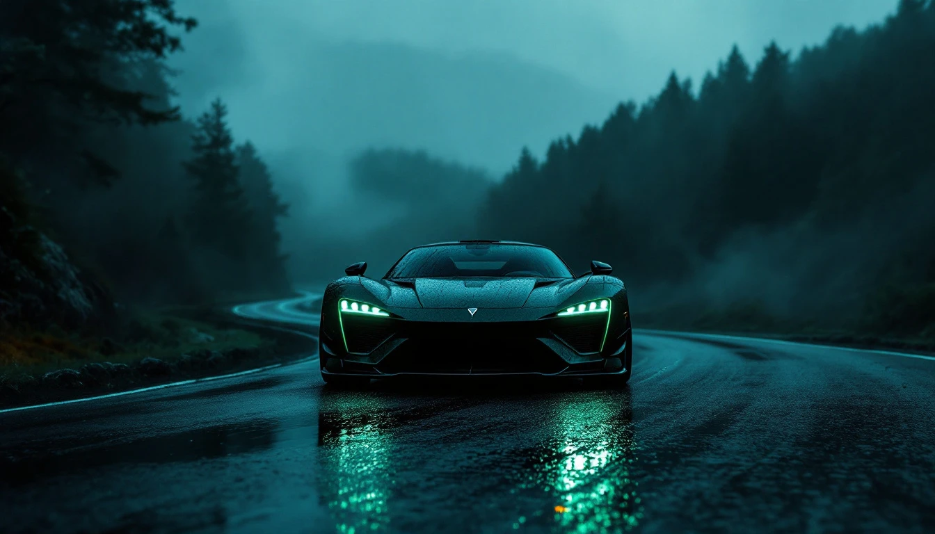 Sleek sports car driving on wet forest road at dusk, illustrating highway safety and vehicle operation standards.