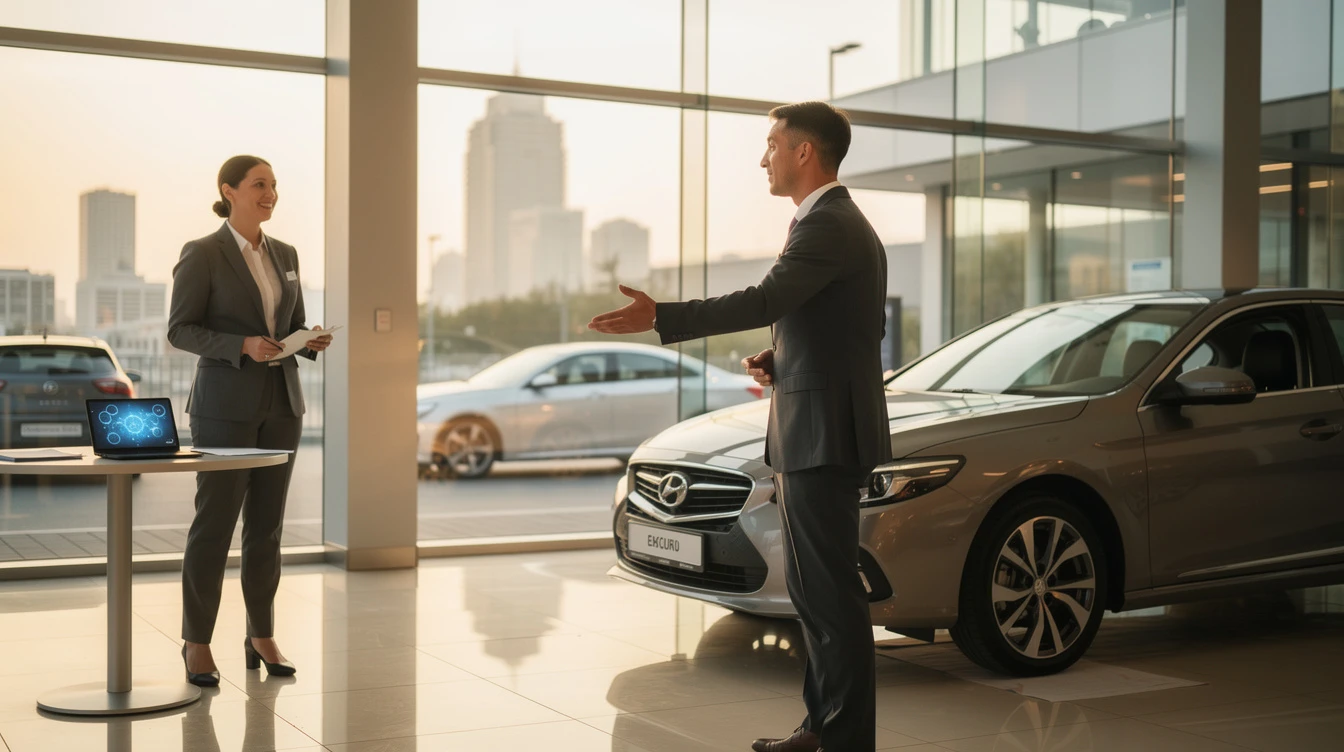 Car salesman discussing vehicle purchase with customer in modern dealership showroom with city skyline view