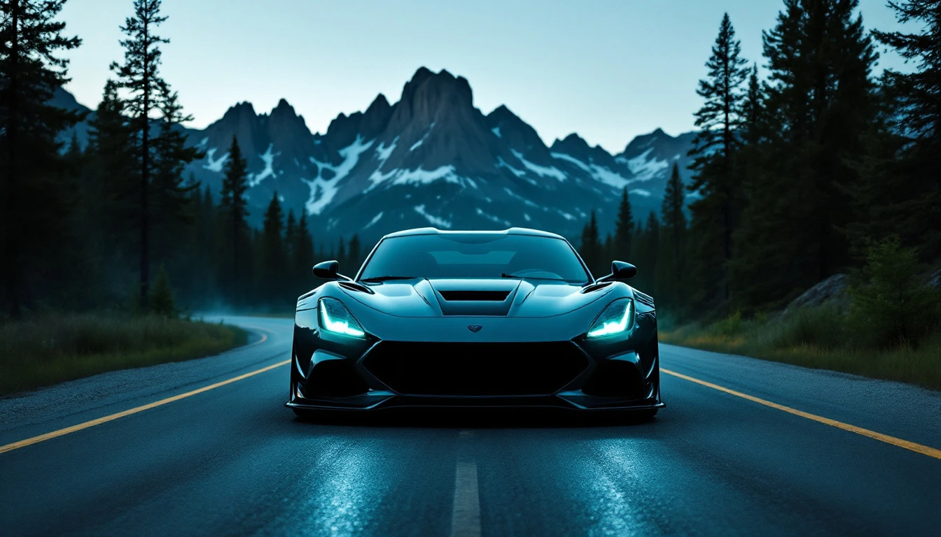 Sports car driving on mountain highway road with forest landscape and snow-capped peaks in background