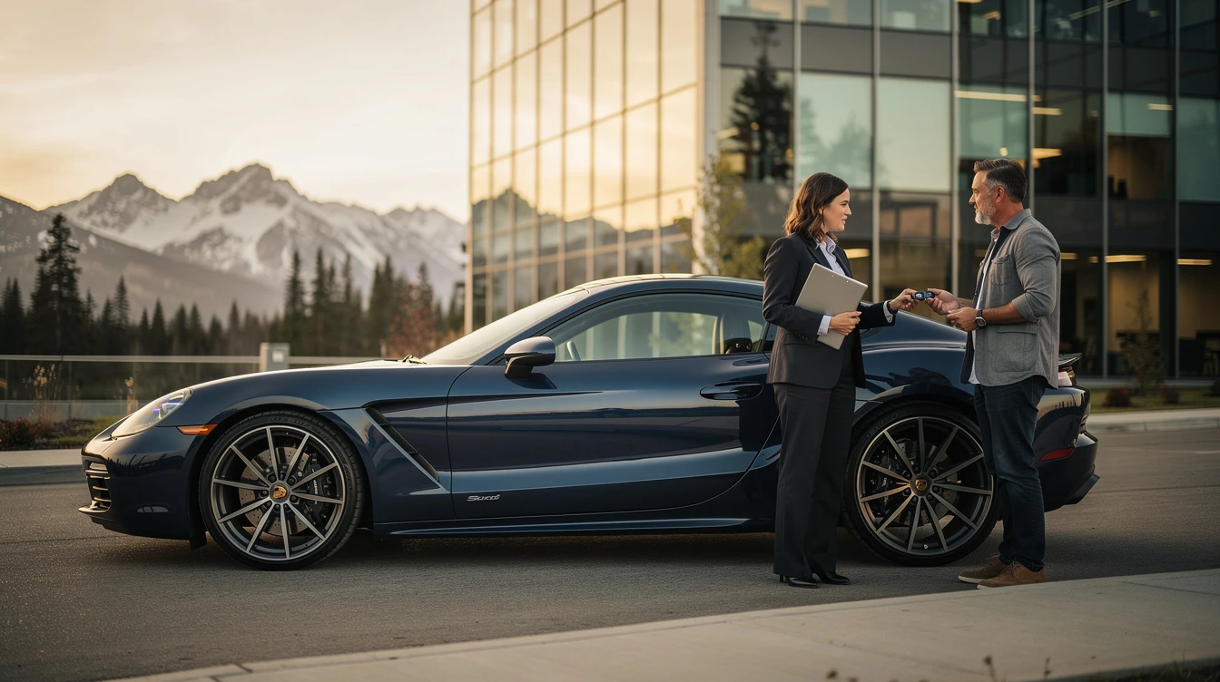 Professional woman and man conducting exotic car financing transaction beside elevated sports car with mountain backdrop