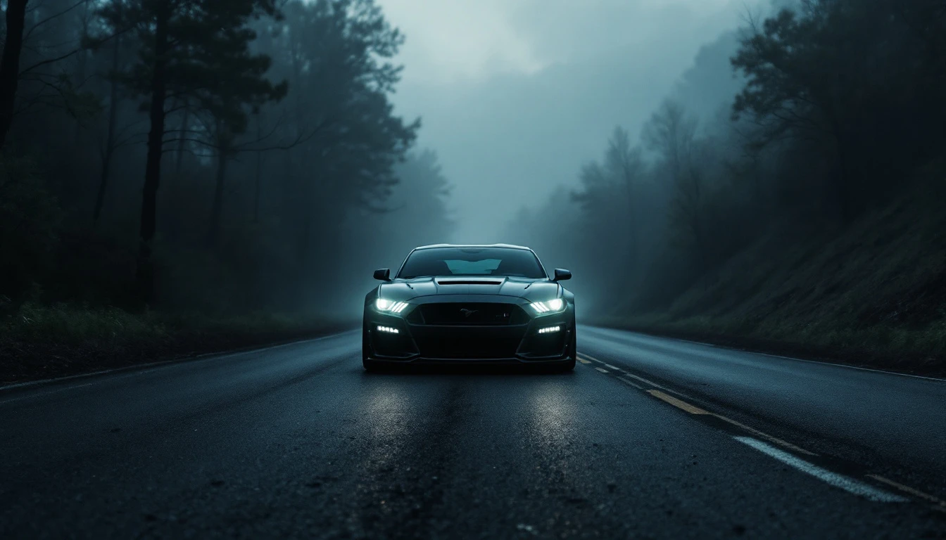 Dark sports car driving on wet forest road at night with headlights on, illustrating Arkansas driving laws and road safety.
