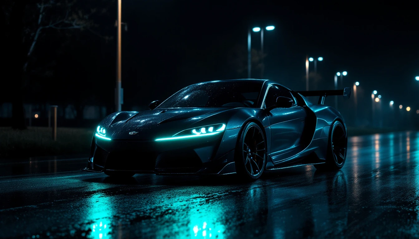 Modern sports car with glowing cyan headlights parked on wet night street under street lights