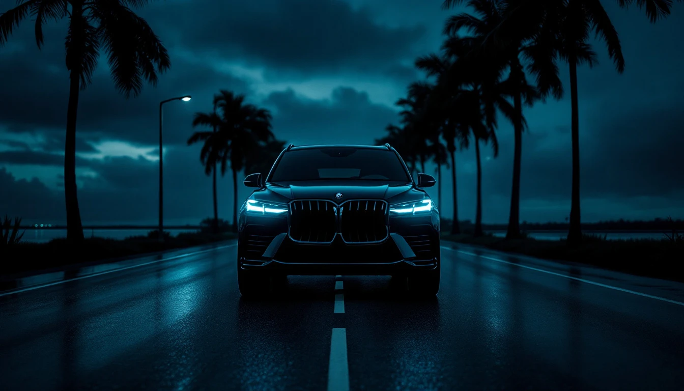 Elevated SUV driving on wet Florida highway at dusk with palm trees lining the road