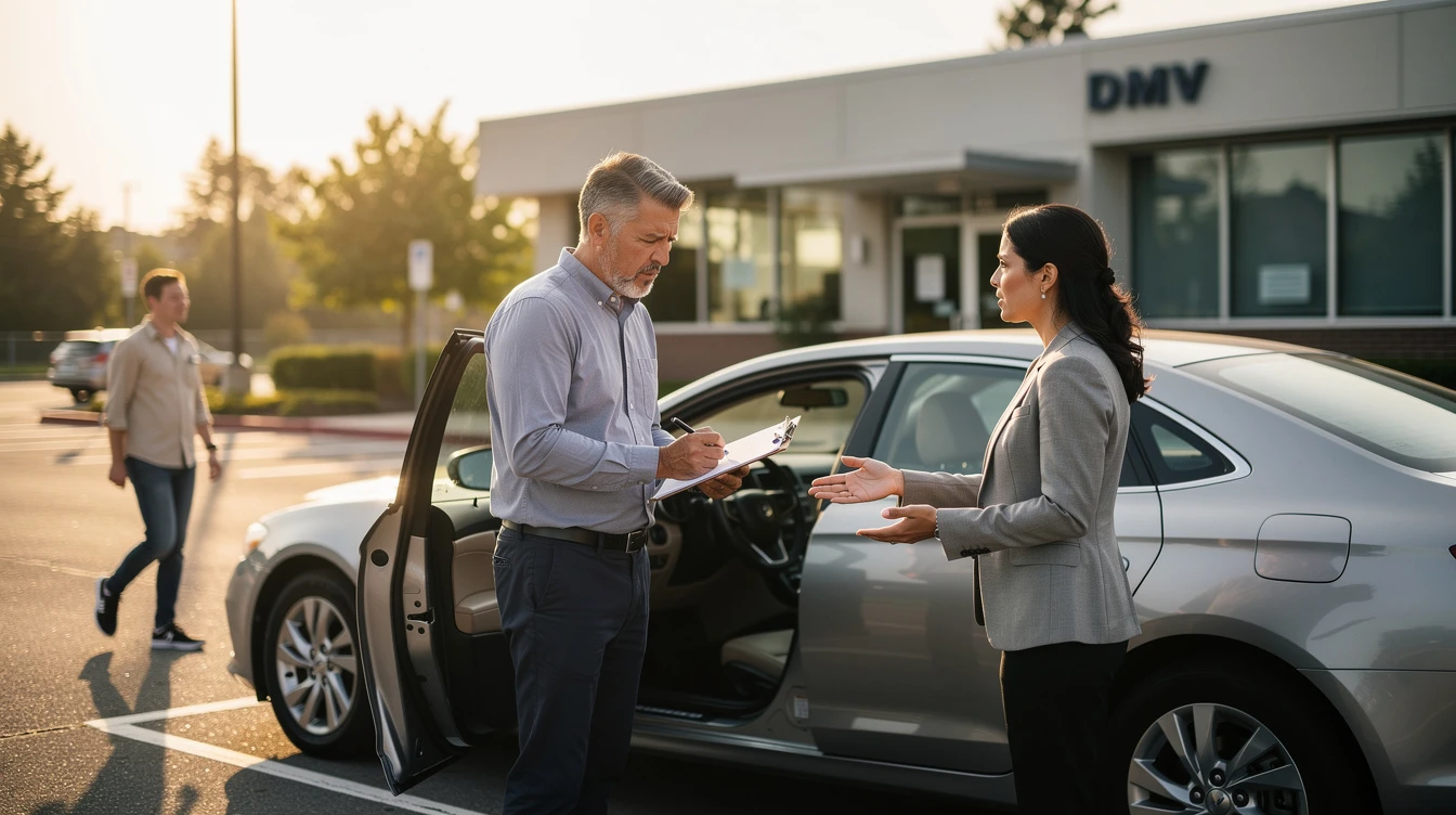 Man and woman exchanging unsigned car title document at DMV parking lot during vehicle transaction and registration process.