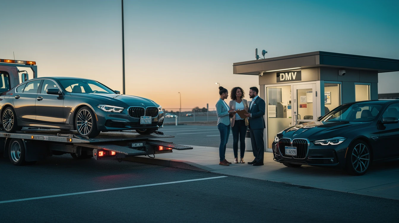 BMW cars at DMV office with people discussing out-of-state vehicle registration and import documentation