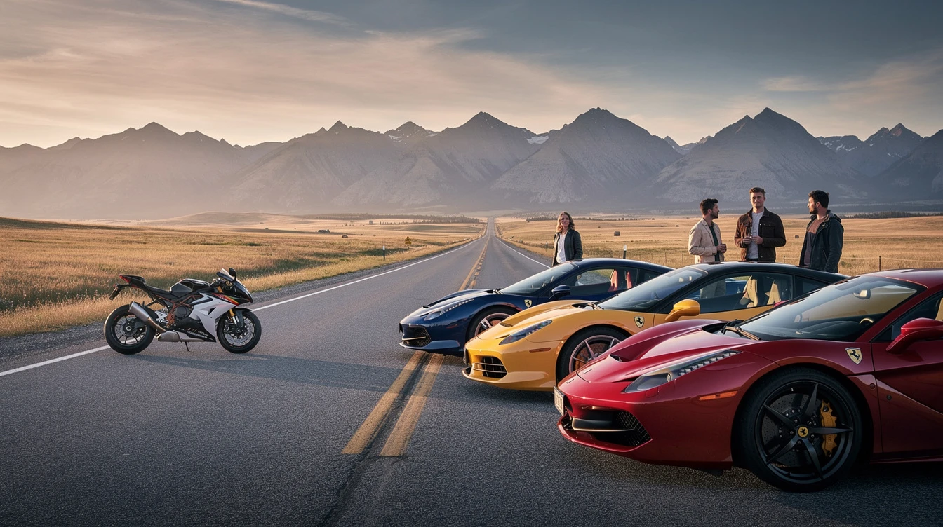 Elevated supercars and motorcycle lined up on Montana highway with mountain backdrop and owners standing nearby