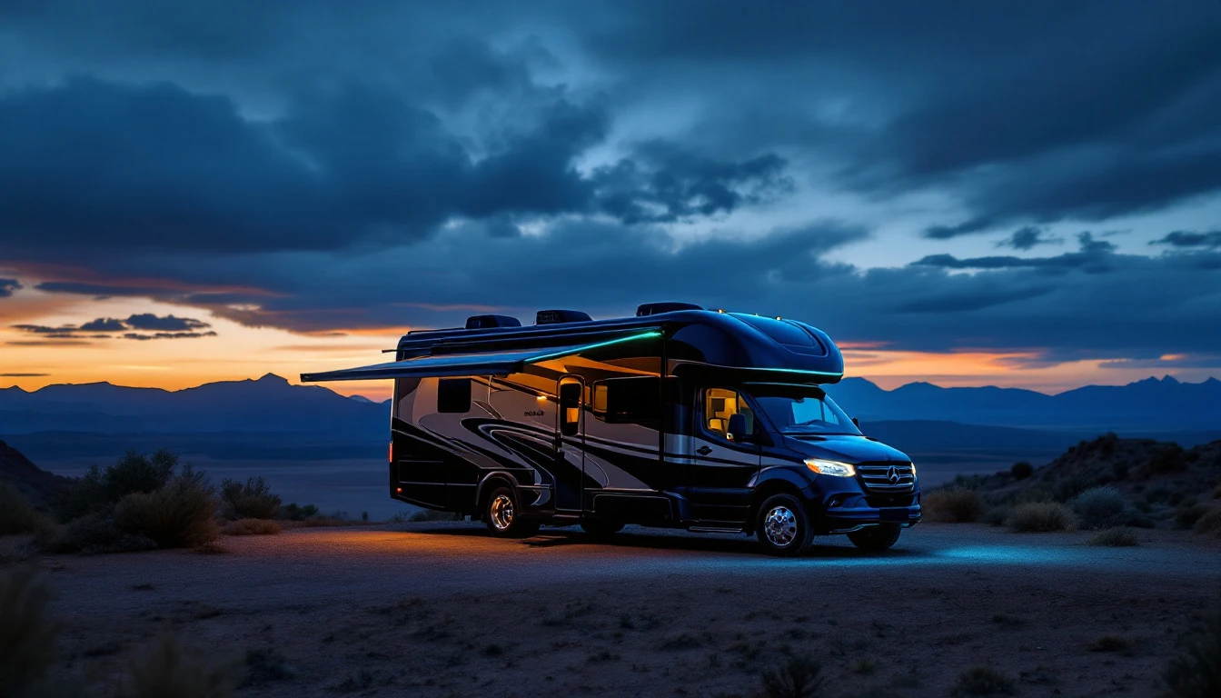 Elevated motorhome parked in desert at dusk with mountains, representing RV ownership and title documentation concerns.