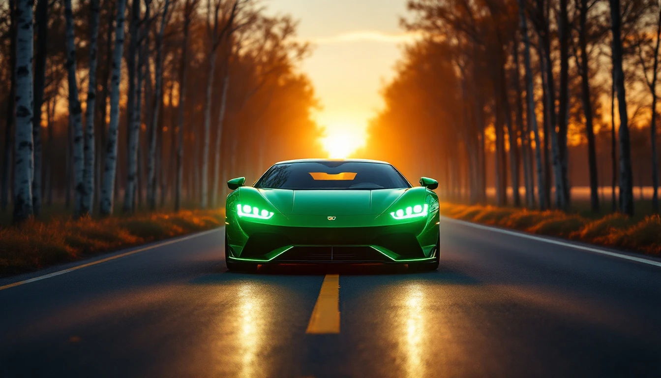 Bright green sports car driving down tree-lined highway at sunset