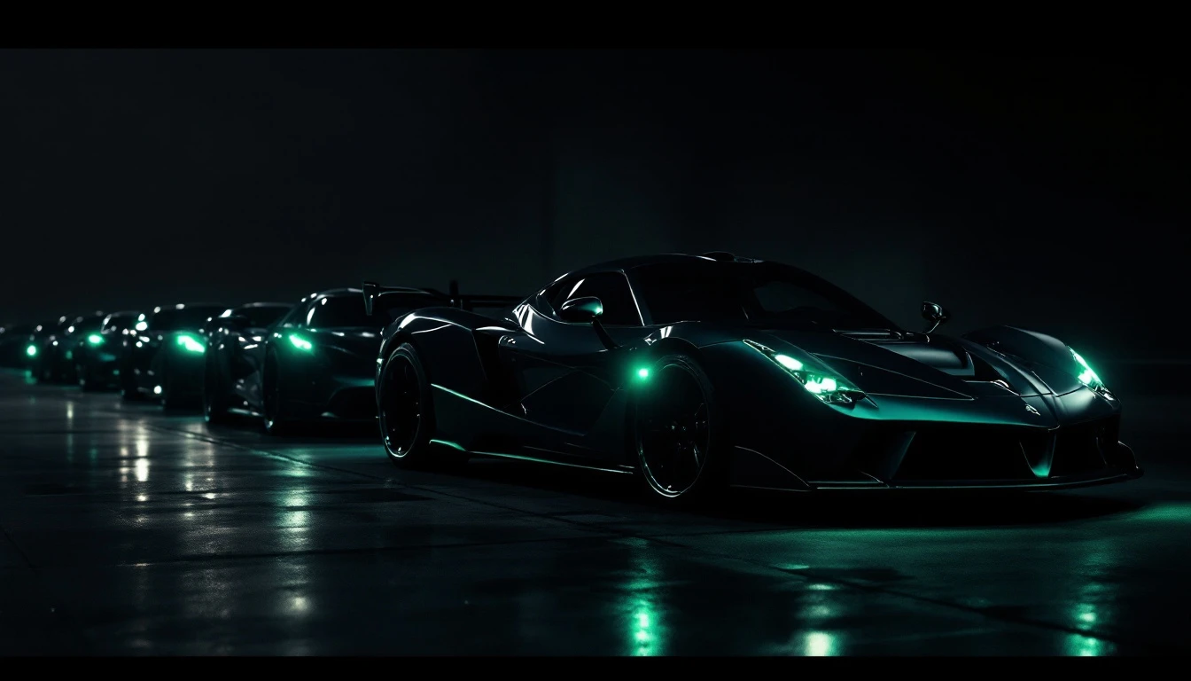 Elevated sports cars lined up at night with glowing green headlights on wet pavement, showcasing automotive innovation