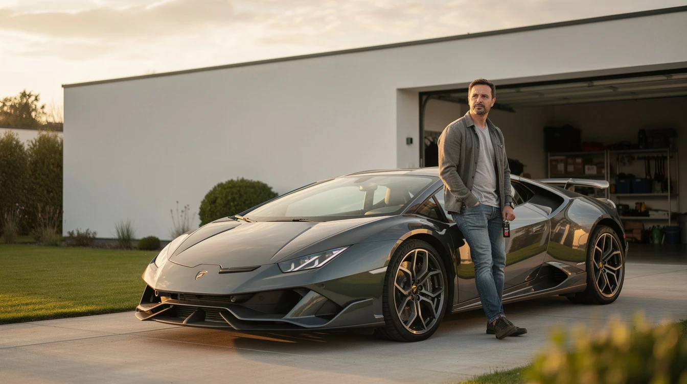 Man standing beside black Lamborghini Huracán Tecnica sports car in modern driveway at sunset