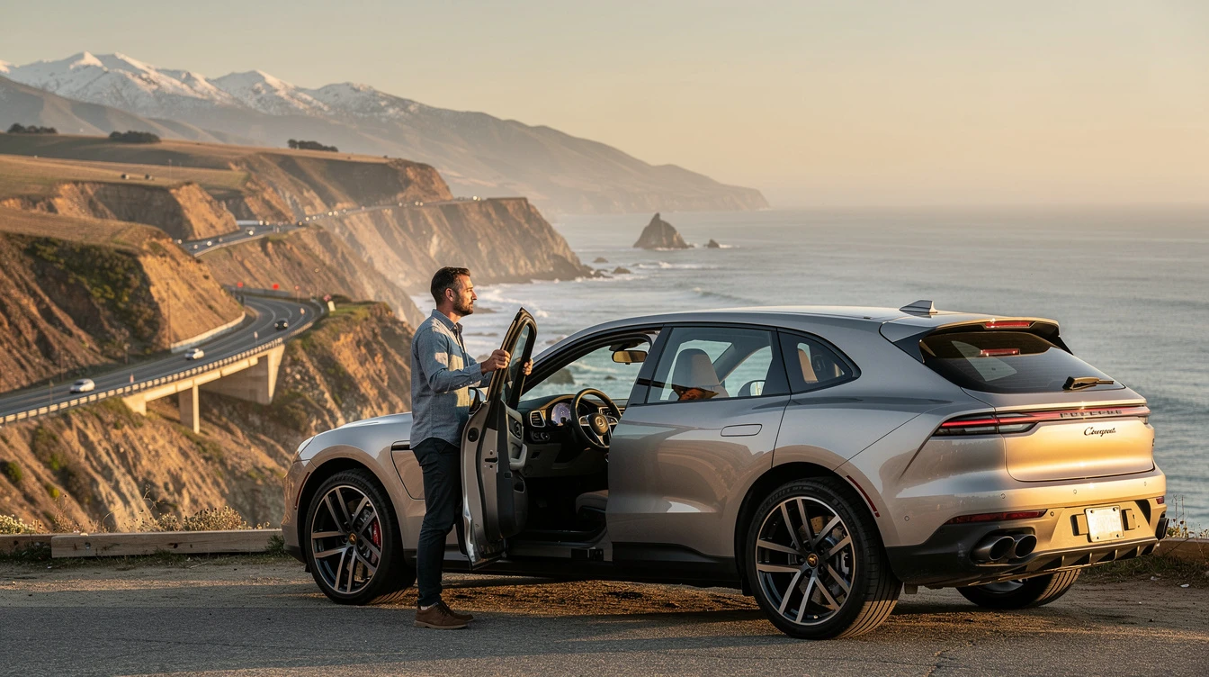 Man standing beside silver Porsche elevated SUV on California coastal highway with snow-capped mountains and ocean cliffs