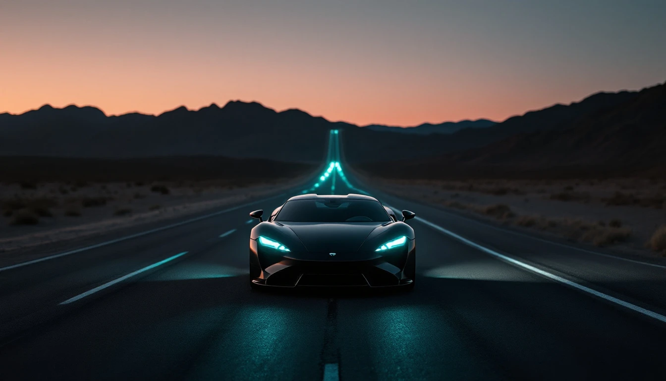 Futuristic sports car driving on neon-lit desert highway at dusk, symbolizing freedom and forward motion.