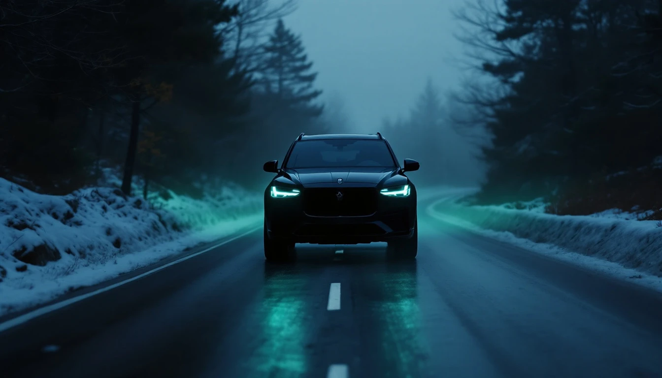 Black SUV driving on snowy forest road at dusk with LED headlights illuminated