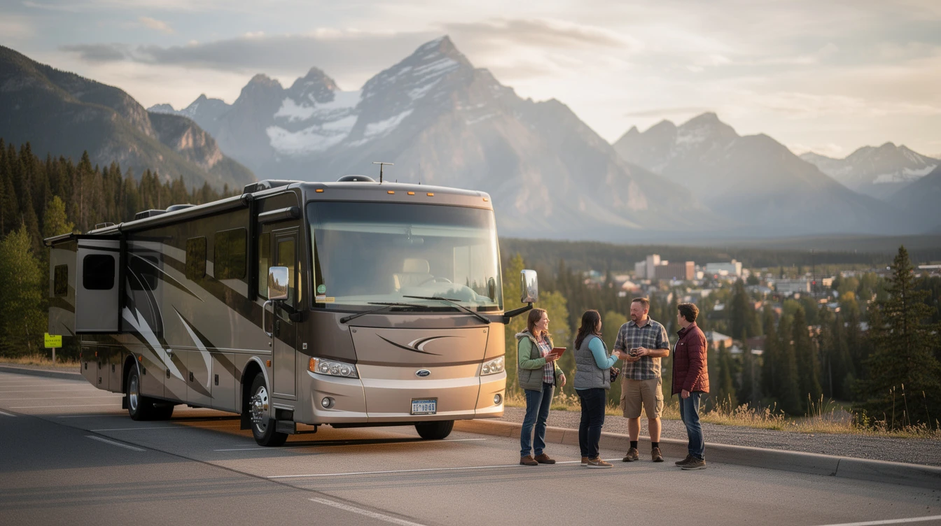 Family standing beside Class A motorhome with mountain view, discussing RV ownership and Montana LLC registration options.