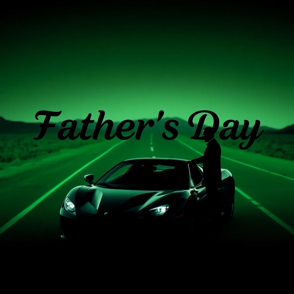 Father's Day tribute with silhouetted man standing beside elevated sports car on open road at night
