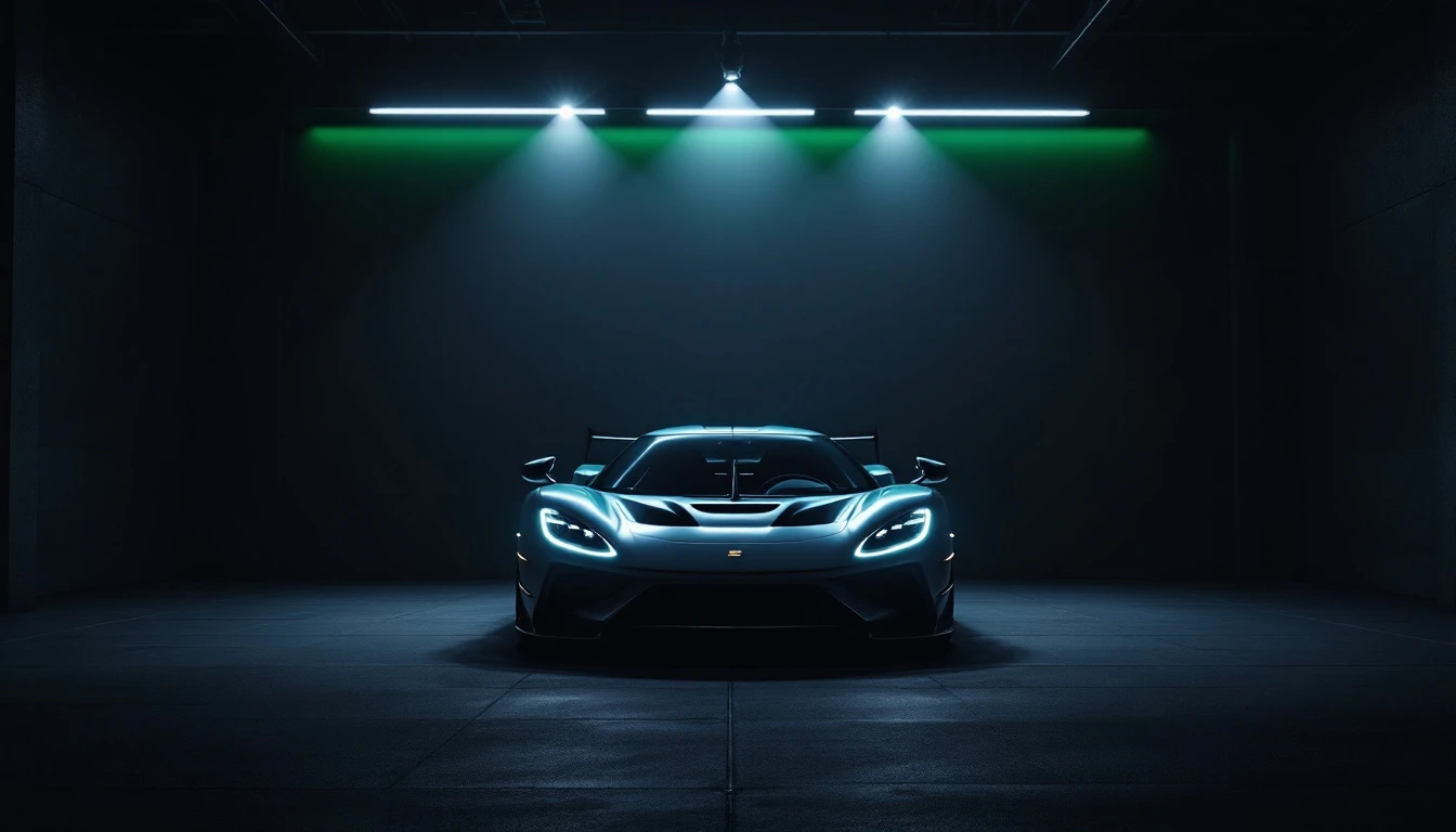Sleek hypercar with LED headlights illuminated in modern garage showroom displaying elevated vehicle collection appeal.