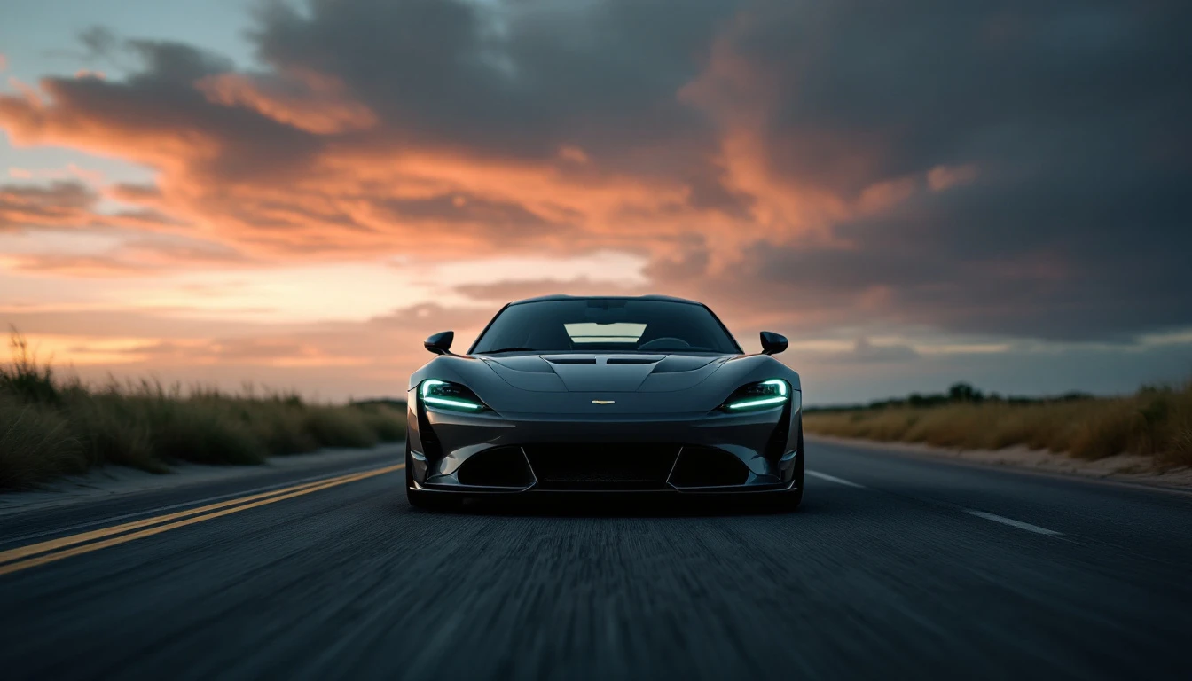 Black sports car driving on empty highway at sunset, Delaware vehicle sales tax concept