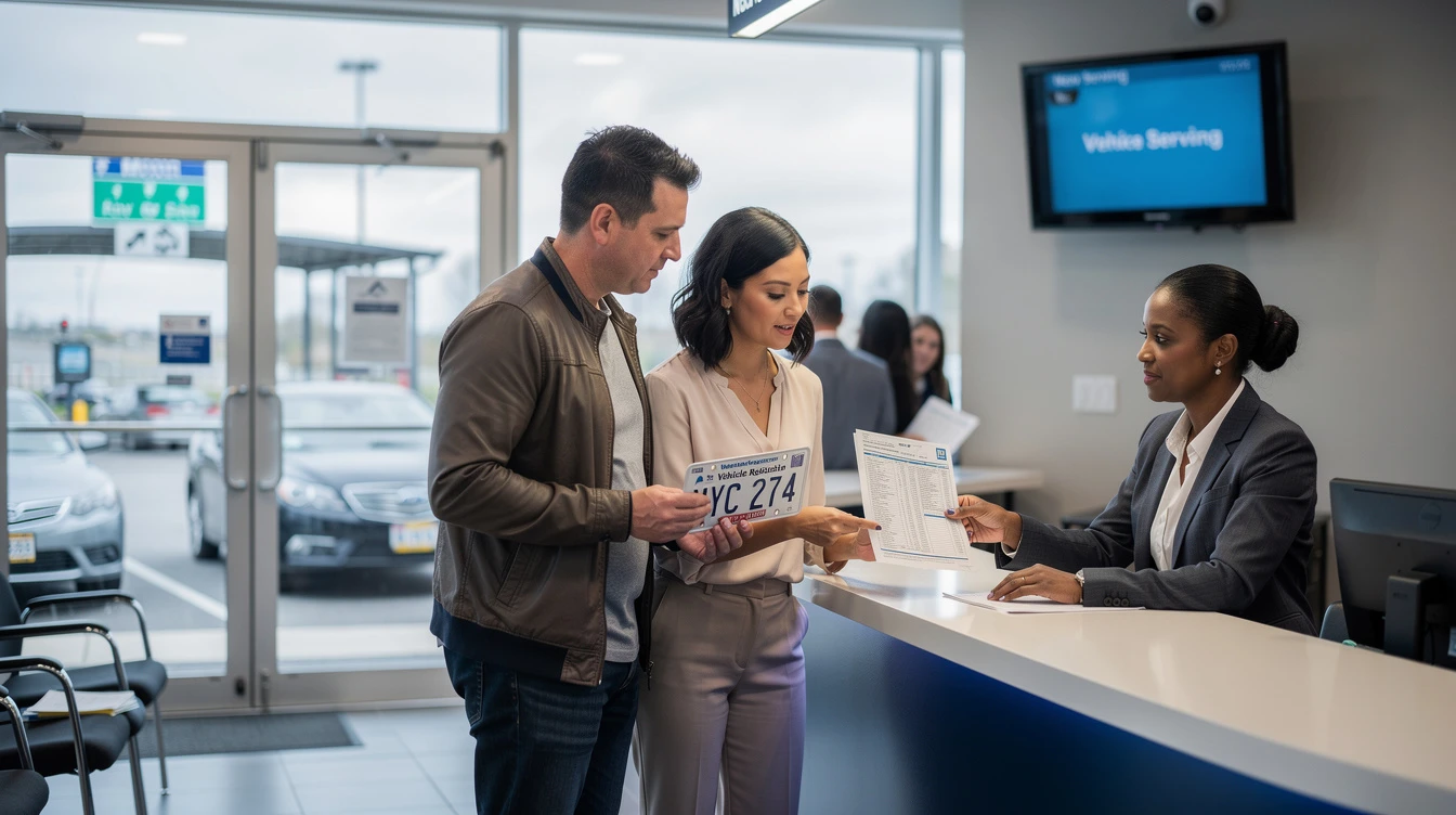 Couple registering out-of-state vehicle at New Jersey DMV service counter with license plate and paperwork