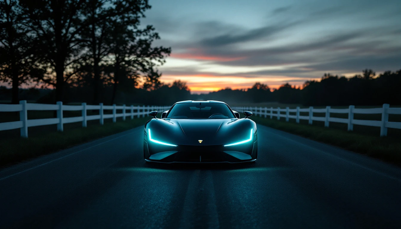 Elevated sports car with illuminated headlights on tree-lined road at sunset