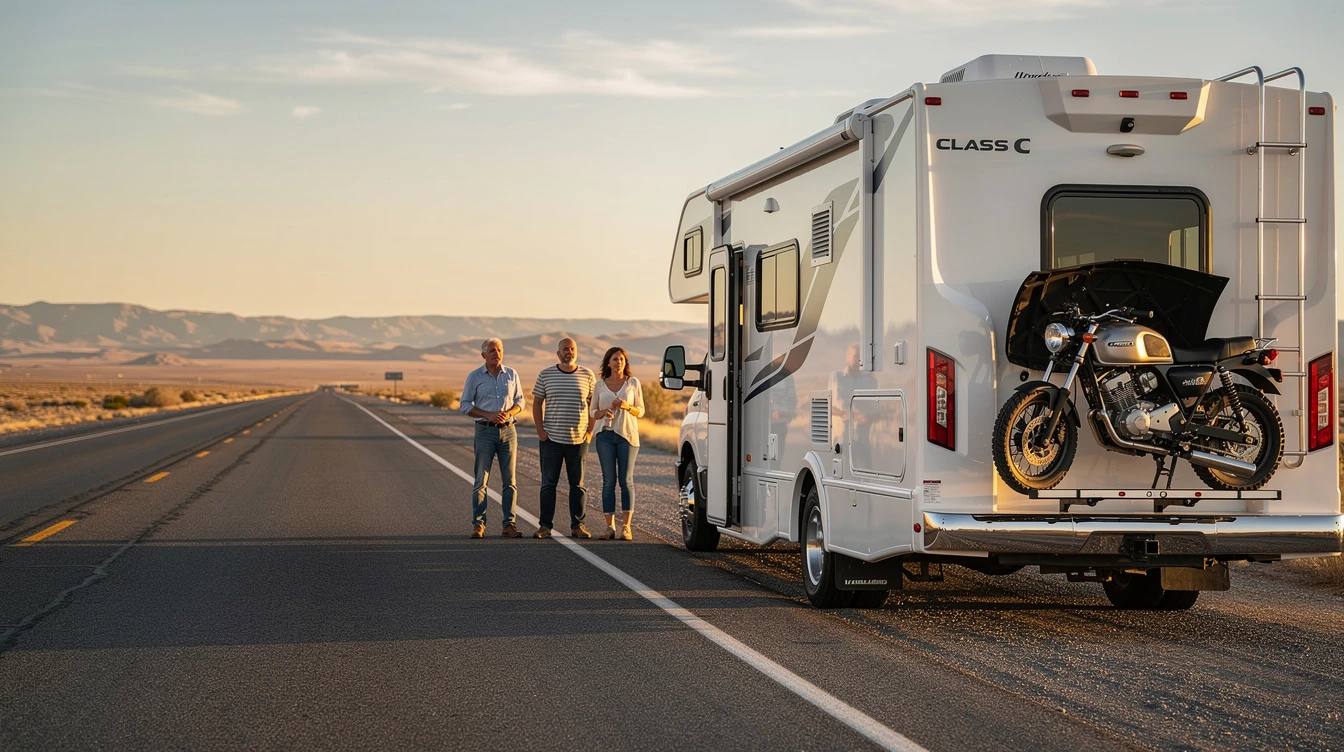 Family standing beside Class C motorhome on desert highway, RV insurance protection concept for safe travels