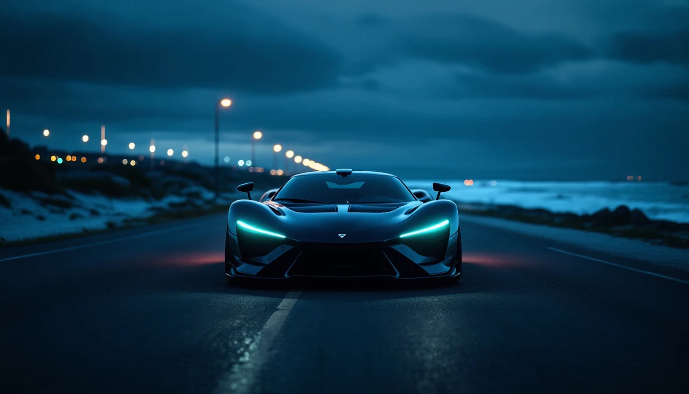 Sleek sports car with glowing headlights on coastal road at dusk