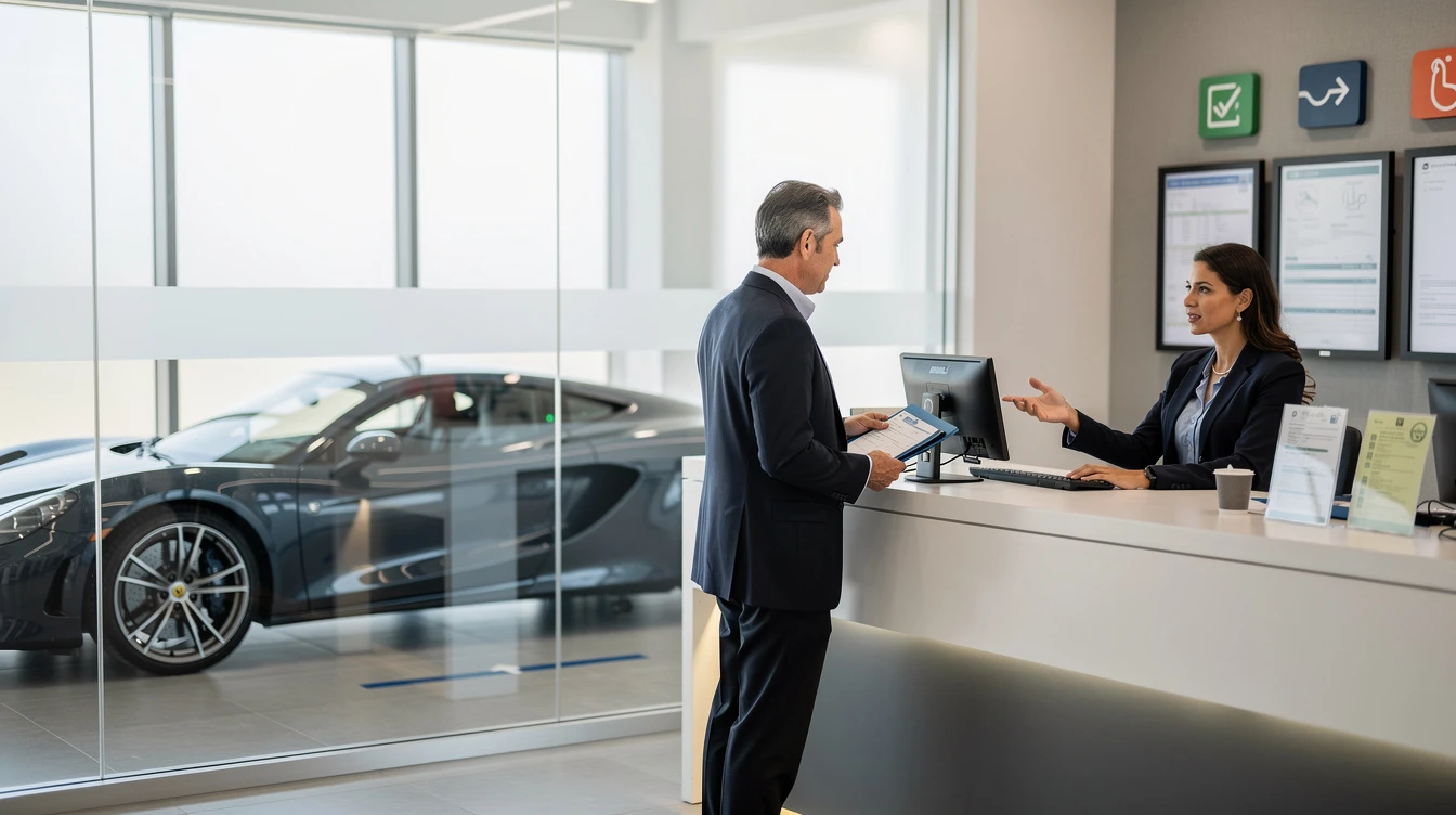Exotic car dealership receptionist assisting customer with registration paperwork and compliance documentation at elevated
