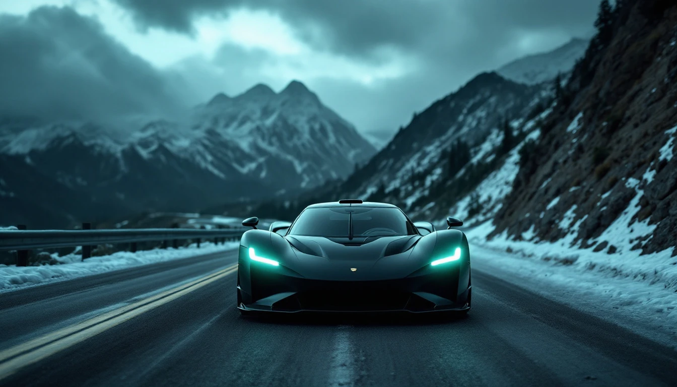 Black sports car driving mountain highway in winter conditions with snow-covered peaks and headlights on