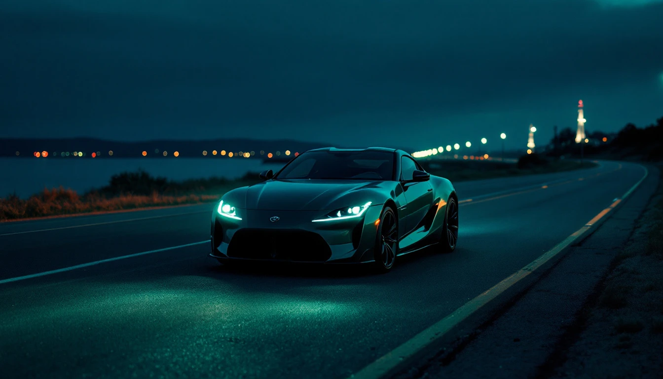 Modern sports car driving on illuminated highway at night with coastal lights and lighthouse in background