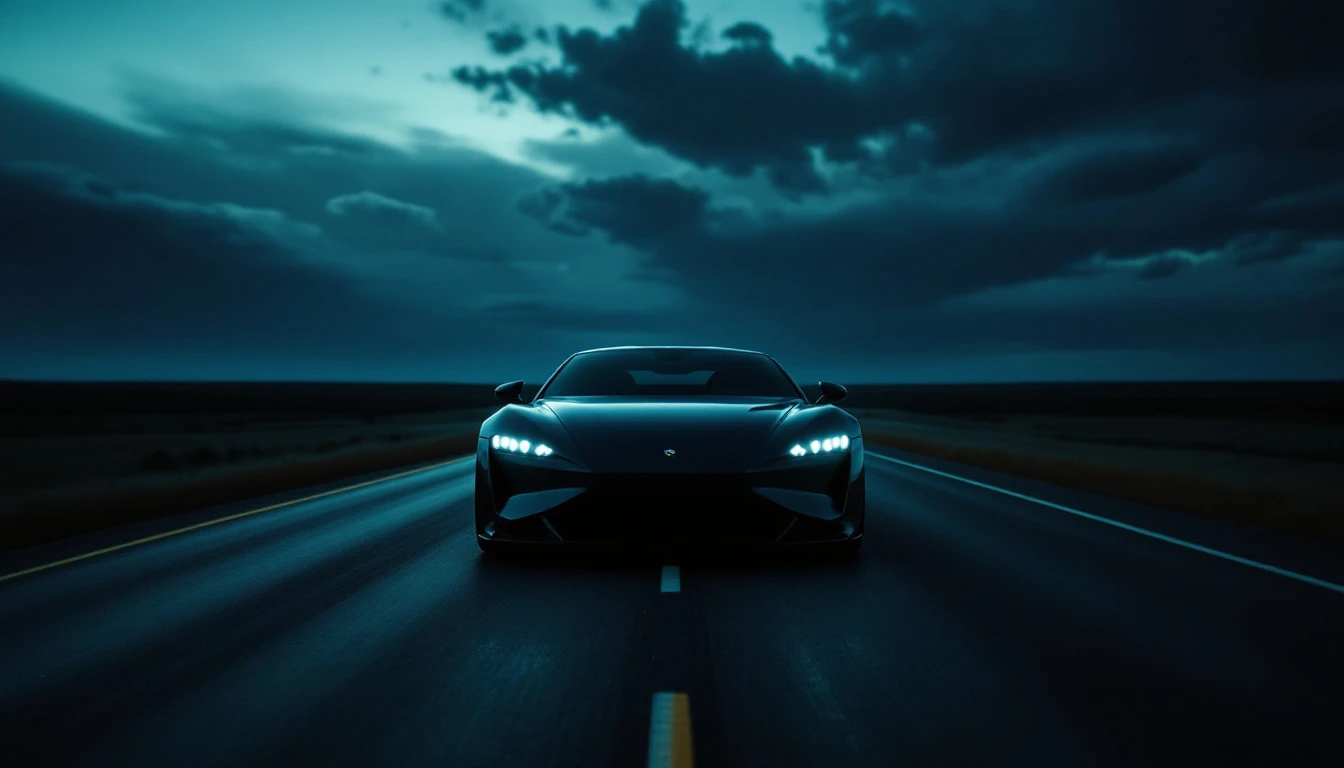 Sleek sports car driving down open highway at dusk with headlights on, representing vehicle purchase and ownership costs