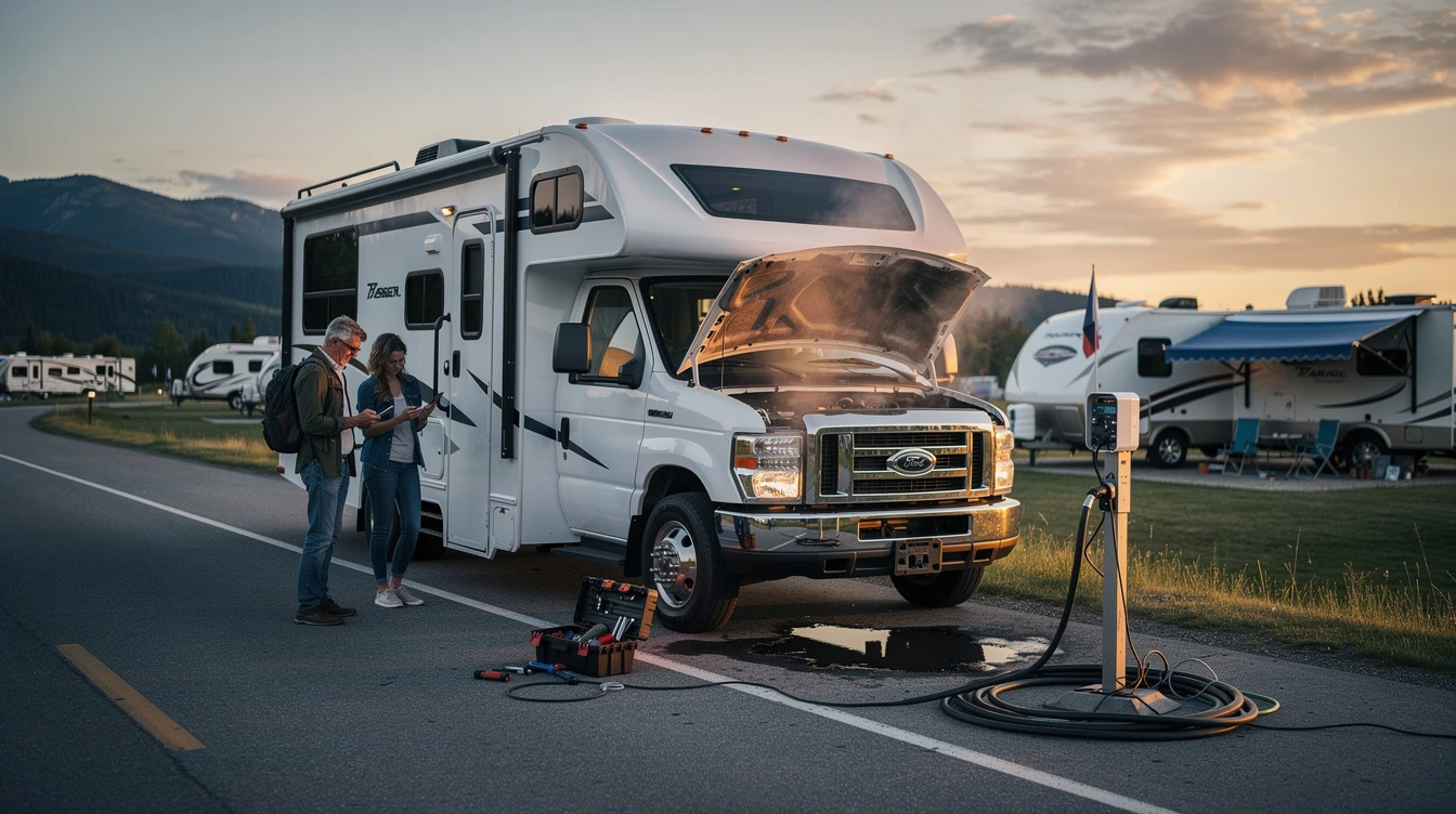 RV owners troubleshooting motorhome engine problems at campground with open hood and diagnostic tools