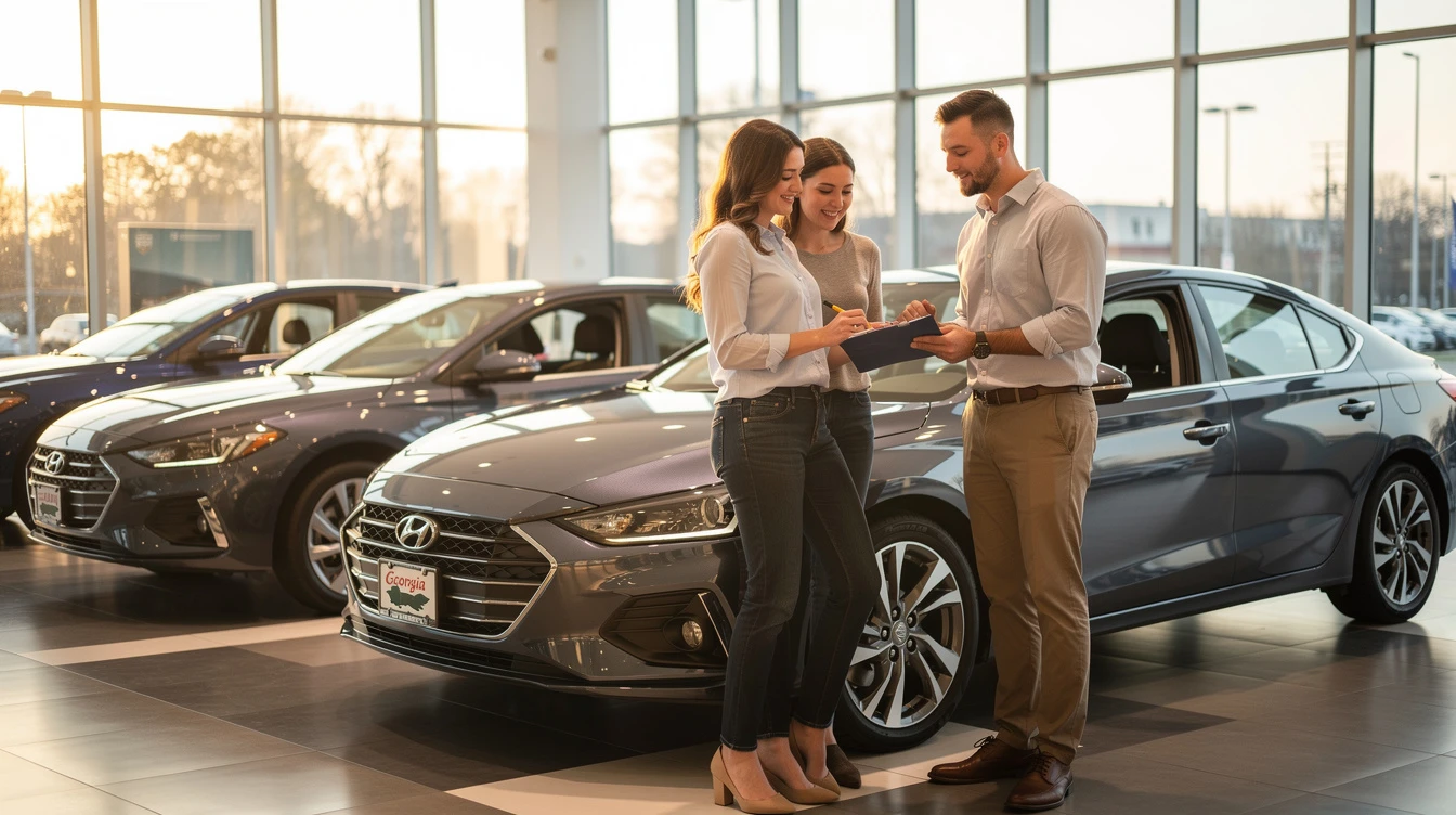 Car salesman discussing Hyundai vehicle purchase and Georgia sales tax rates with customers at dealership showroom