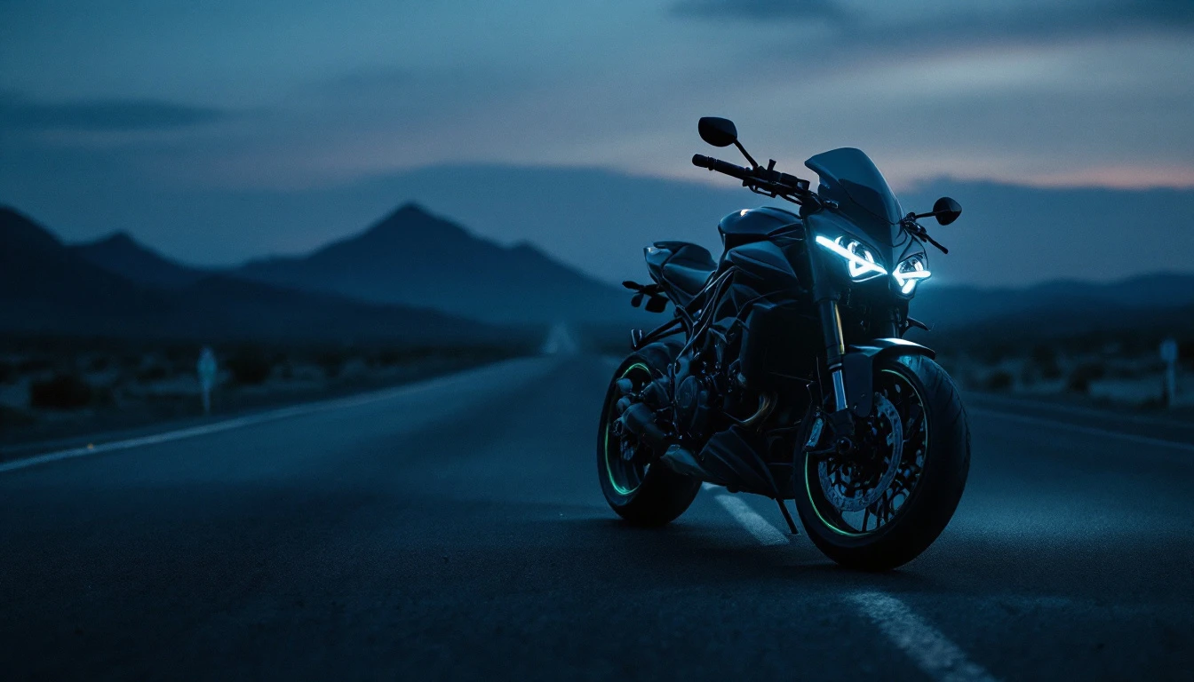 Motorcycle and sports car parked on road at dusk, Father's Day gift ideas for motorcycle enthusiasts