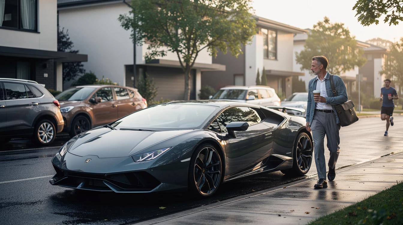 Black Lamborghini Huracán parked in upscale residential driveway, man in business casual attire standing beside sports car