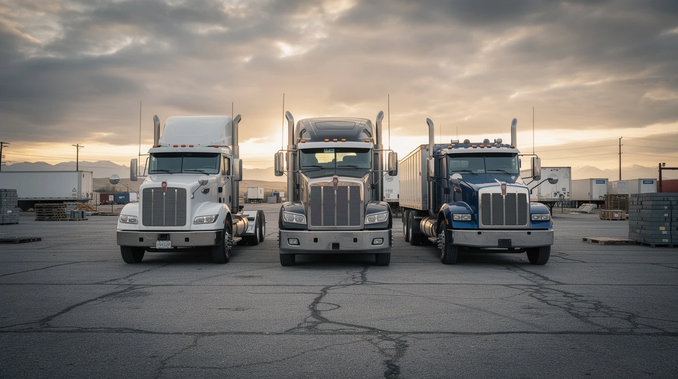 Montana heavy truck registration, Peterbilt and Kenworth semis at freight yard