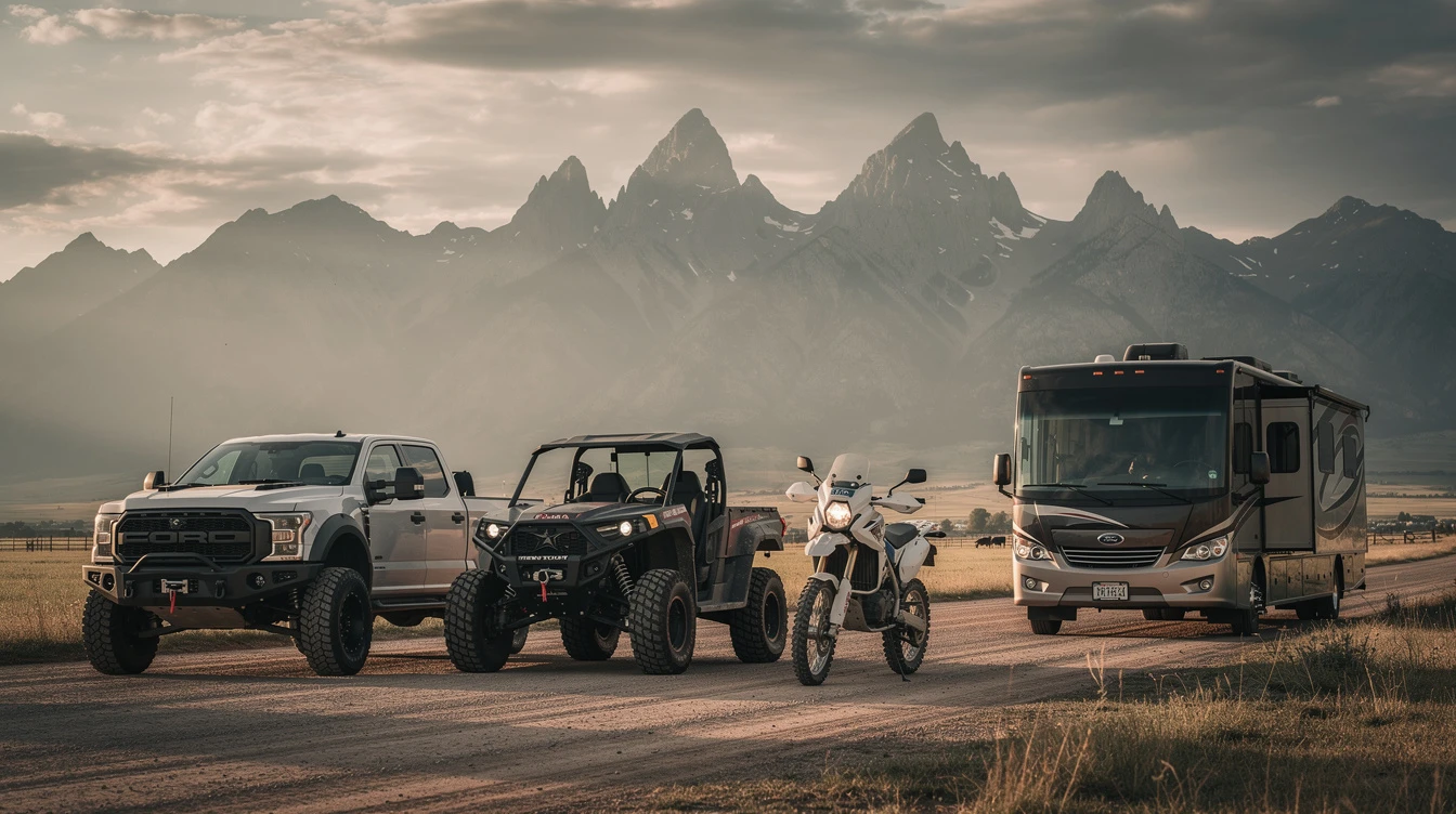 Montana vehicle registration — off-road pickup, ATV, motorcycle, RV at sunset