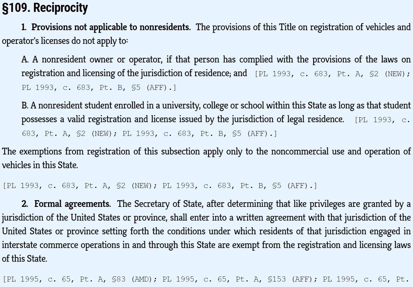 Maine vehicle registration reciprocity statute (excerpt)