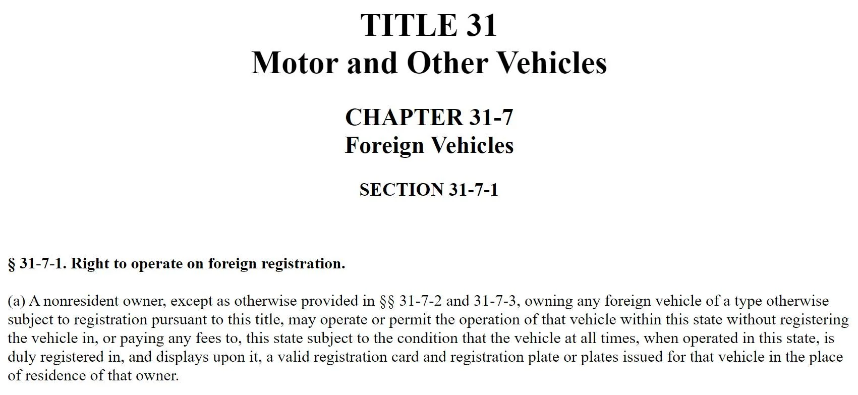 Rhode Island vehicle registration reciprocity statute (excerpt)