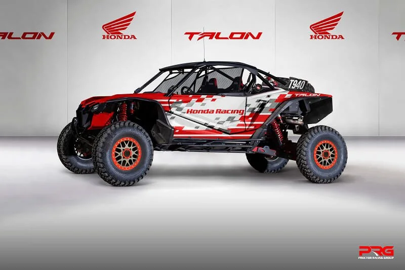 Honda Racing Talon side-by-side buggy in red and white livery displayed against Honda backdrop for 2020 race season