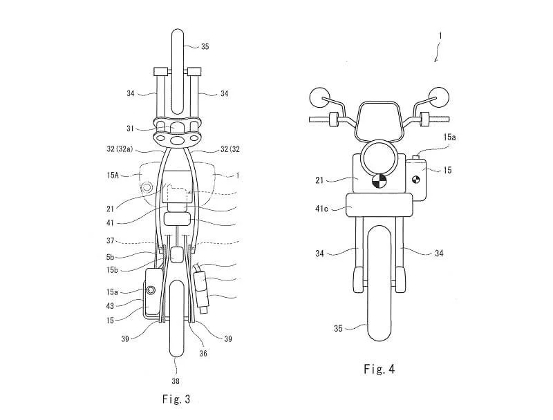Patent diagrams showing Kawasaki hybrid motorcycle design with top and front views of electric bike technology