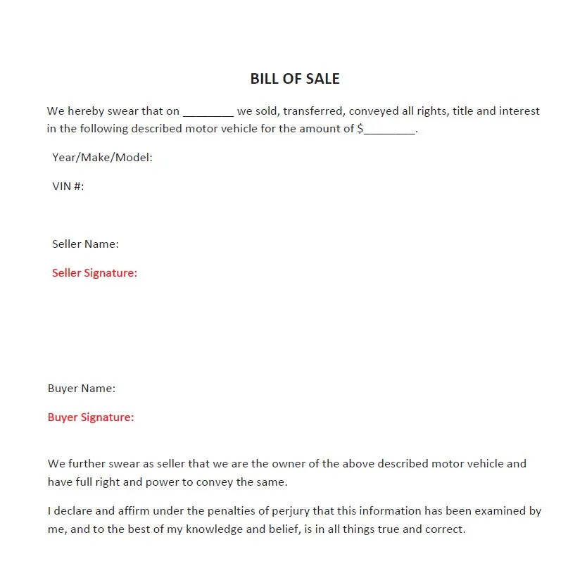 Blank bill of sale