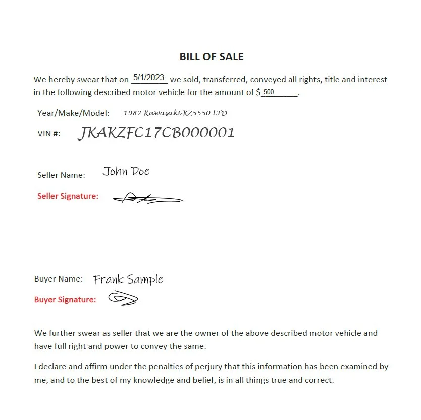 Completed bill of sale
