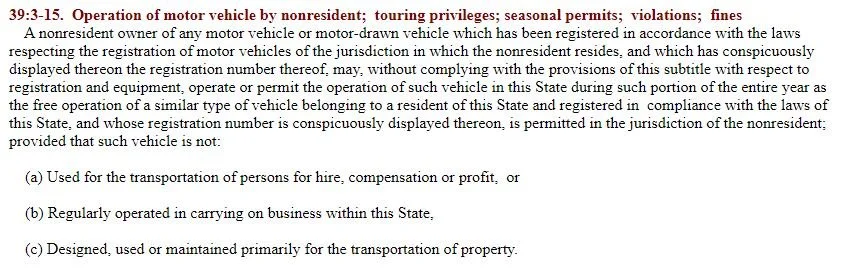 New Jersey vehicle registration reciprocity statute (excerpt)