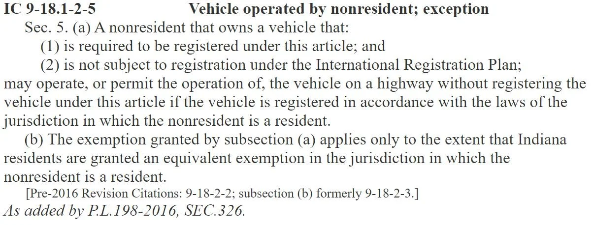 Indiana vehicle registration reciprocity statute (excerpt)