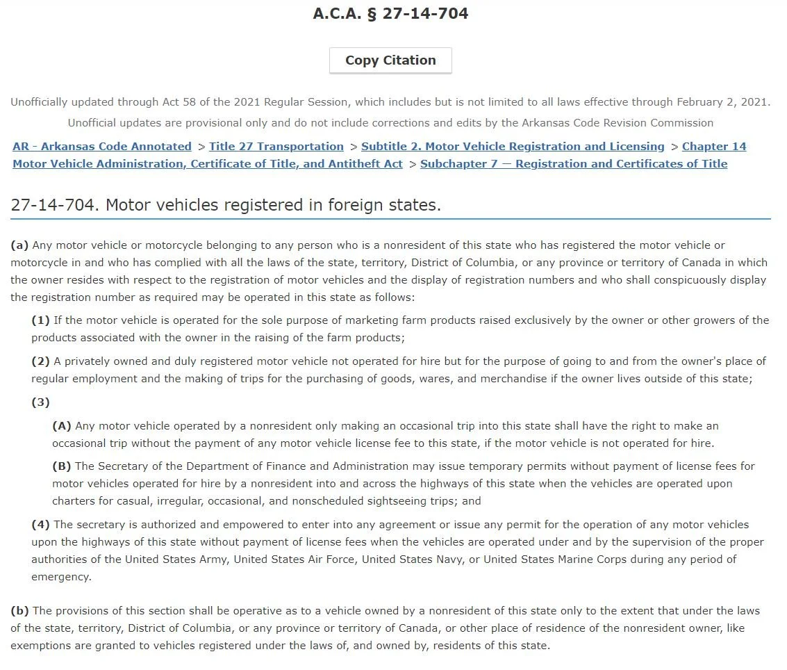 Arkansas vehicle registration reciprocity statute (excerpt)