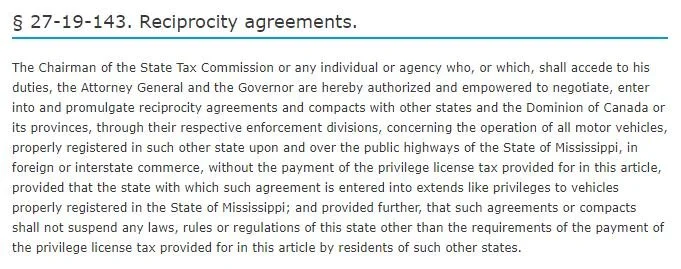 Mississippi vehicle registration reciprocity statute (excerpt)