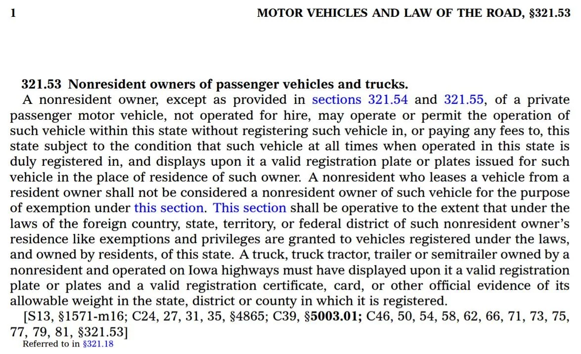 Iowa vehicle registration reciprocity statute (excerpt)